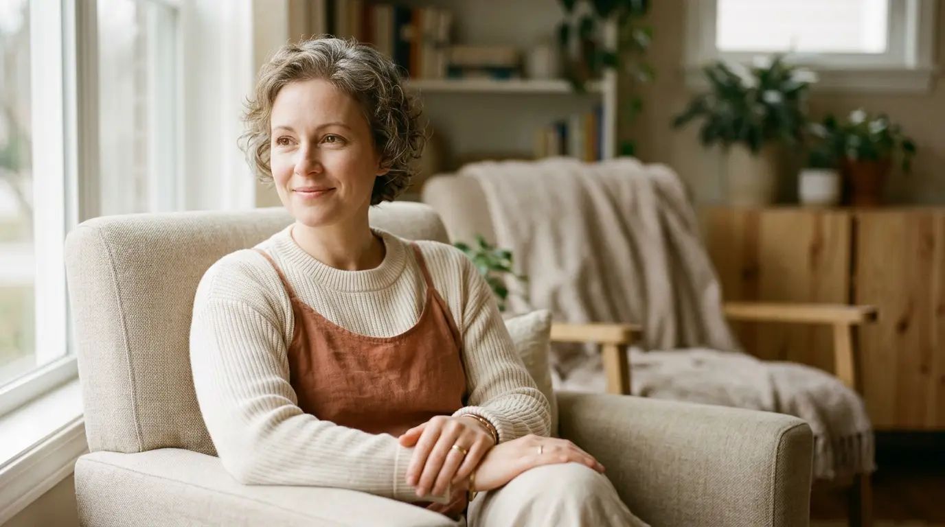Vrouw met kort, krullend grijzend haar zit ontspannen en hoopvol in een lichte huiskamer bij het raam